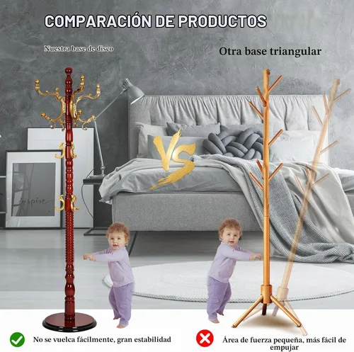 Vista 4 de Percheros de pie con 14 ganchos, perchero de madera natural con base redonda sólida, percheros de altura ajustable, fácil montaje para pasillo