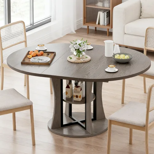 Vista 10 de Mesa de comedor redonda extensible de 43.3 a 59 pulgadas para 4 a 8, moderna mesa de comedor ovalada de cocina con estante de almacenamiento, mesa