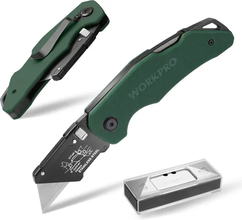 Vista 10 de WORKPRO Cuchillo utilitario plegable con cabeza de acero inoxidable, hoja de cambio rápido y bloqueo trasero, mango de madera resistente, 1 cuchillo