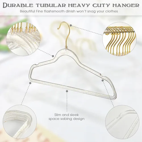 Vista 2 de Weysat - Paquete de 20 perchas de acrílico transparente de plástico con purpurina dorada, antideslizante, ahorro de espacio, ropa resistente