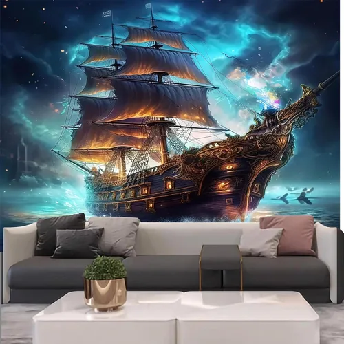 Vista 2 de FENDROM Tapiz náutico Decoración Fantasma Velero Arte de Pared Fantasía Paisaje Océano Náutico barco pirata Onda Vela Luna Tapices Colgantes