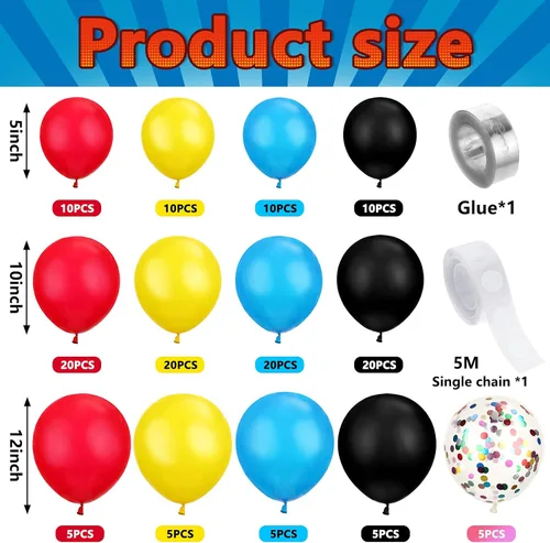 Vista 4 de Kit de guirnalda de arco de 147 piezas con temática de héroe, incluye globos azules, rojos, amarillos, negros con globos de confeti y cinta en rollo