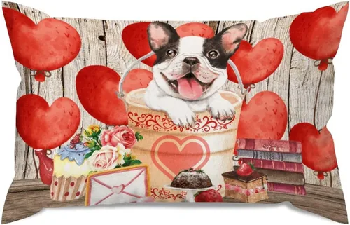 Vista 28 de Fundas de almohada lumbar con textura de madera rústica para perro en cubo, diseño de corazón rojo para el día de San Valentín, fundas de almohada