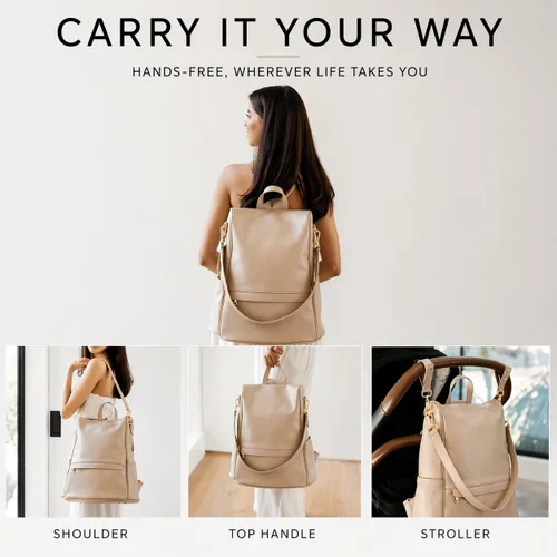 Vista 6 de MIA + SOPHIA Mochila de cuero para pañales con puerto de carga USB, cambiador, correas para cochecito y portabotellas (Marrón Mia)
