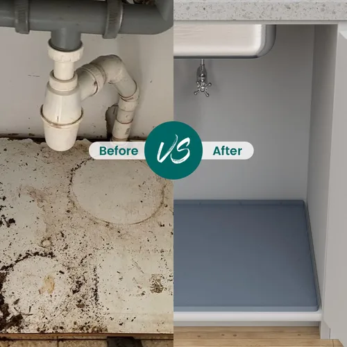 Vista 7 de Tapete para debajo del fregadero, bandeja de silicona para gabinete de cocina de 25 x 22 pulgadas, impermeable y flexible para debajo del fregadero