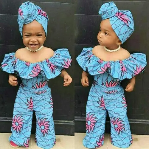 Vista 2 de Enterizo Dashiki con hombros descubiertos y diadema para niñas africanas de 18 meses (azul, 3-6 meses), Azul