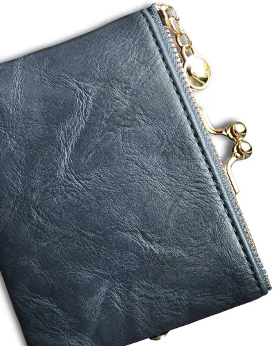 Vista 6 de PofeeXIO Billetera para Mujer RFID Pequeña Compacta Bifold de Cuero Vintage, Monedero para Damas con Cremallera y Cierre de Beso