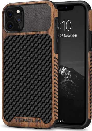 Vista 15 de TENDLIN Compatible con iPhone 11 Funda de grano de madera con textura de fibra de carbono, diseño híbrido de cuero, color negro