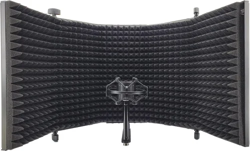 Vista 2 de EMB Escudo de aislamiento de micrófono, color negro, plegable con soporte roscado de micrófono de 3/8 pulgadas, espuma absorbente de alta densidad