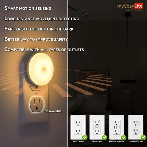 Vista 3 de Luz nocturna con sensor de movimiento, paquete de 2 luces nocturnas activadas por movimiento, encendido y apagado automático, tono cálido de 3200 K