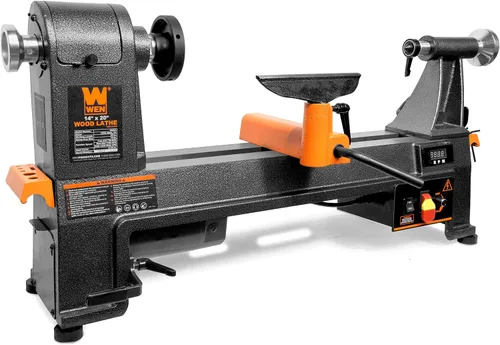 Vista 3 de WEN 34035 Torno de madera de sobremesa de velocidad variable de 6 amperios, 14 x 20 pulgadas, y juego de mandril autocentrante de 4 mordazas LA4444