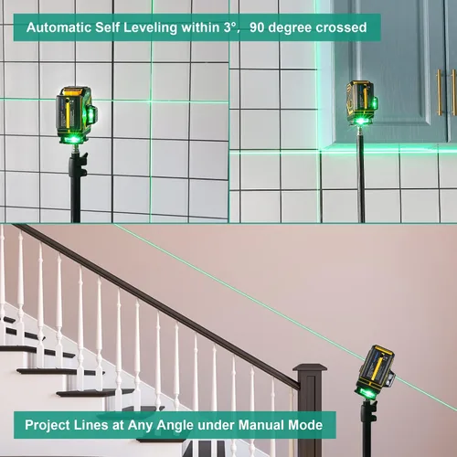 Vista 5 de Nivel Láser de Piso Autonivelante, Láser de Línea Cruzada Horizontal Vertical 3x360, Alineación de Haz Verde 3D para Piso de Baldosas, Pared y Techo