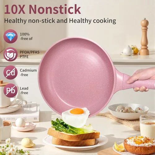 Vista 4 de Juego de 6 piezas de sartenes antiadherentes con tapas (8, 10, 11 pulgadas) para tortilla y huevo - 100% libre de PFOA/PFAS, antiadherente avanzado
