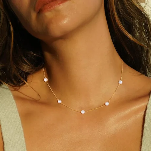 Vista 2 de Gargantilla de perlas para mujer, delicada cadena de perlas chapada en oro de 14 quilates, joyería de oro simple y moderna, regalo para niñas