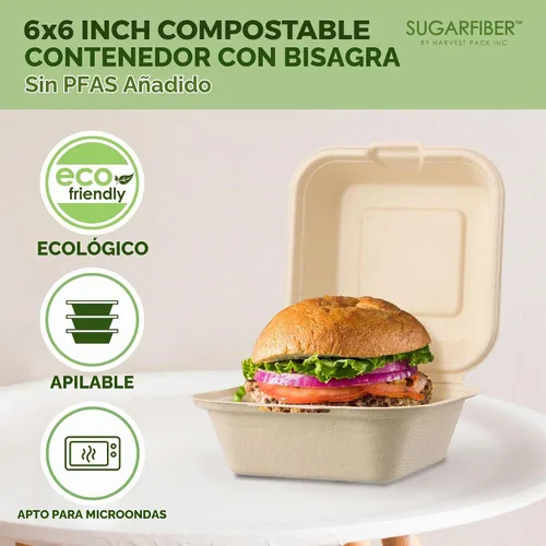 Vista 4 de Harvest Pack - Contenedores compostables de 6 x 6 pulgadas (paquete de 50), caja Bento de 4 pulgadas sin PFAS con certificación BPI para tartas