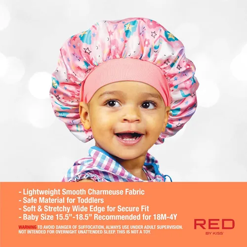 Vista 5 de Red by Kiss Gorro de satén para dormir para niños pequeños, suave, elástico y seguro, protege el cabello frágil del encrespamiento y la rotura