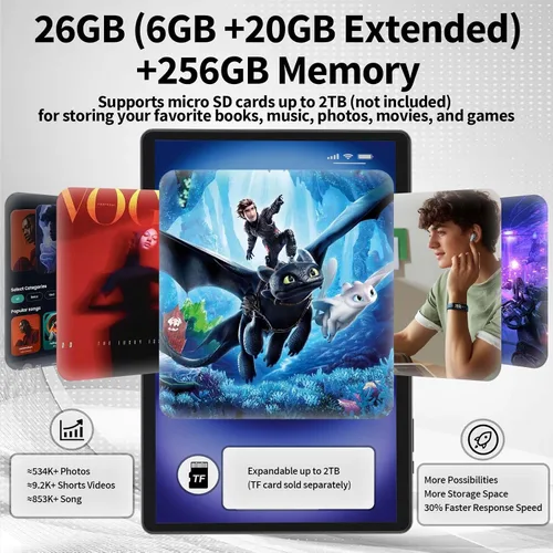 Vista 3 de [Usado] Tablet Android 15 con teclado, tableta de 10 pulgadas con 26GB+256GB+2TB Ampliar 2-in-1 Tablets with 8-Core, 5G WiFi, 8000mAh, BT5.0, GMS