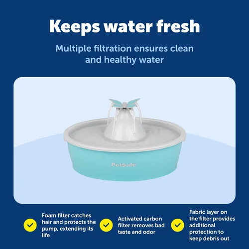 Vista 6 de PetSafe Fuente de agua Butterfly Cat con bomba y filtros, bonito dispensador de agua con capacidad de 50 onzas, bomba y filtros mantienen el agua