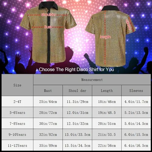 Vista 7 de BEARAE Disfraz de discoteca de 5 piezas de los años 60 y 70 para niños, camisa de vestir de lentejuelas para baile, disfraz de cosplay para fiesta