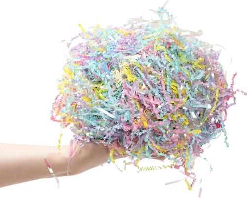 Vista 4 de CIPOWM Pasto de Pascua de Rafia Papel Triturado de Corte Rizado, Relleno de Papel Triturado de Rafia Multicolor Iridescente con Hierba Triturada