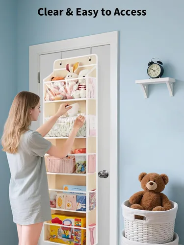 Vista 3 de JARLINK Organizador de almacenamiento de juguetes de animales de peluche, organizador sobre la puerta con ventanas transparentes, capacidad de carga