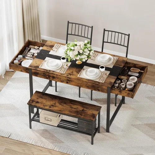 Vista 8 de IDEALHOUSE Juego de mesa de comedor para 4 personas, mesa de cocina pequeña y 2 sillas para 4 con banco, juego de mesa rectangular de granja de Gris