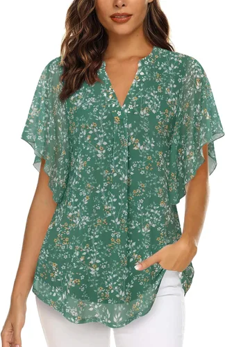 Vista 2 de Timeson Blusas de manga corta con cuello en V para mujer, camisas florales de doble capa de malla