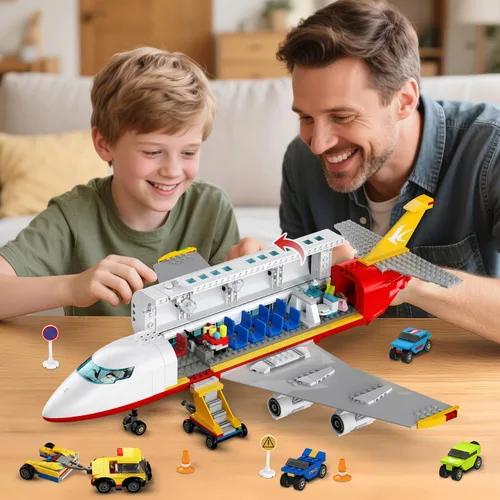 Vista 2 de HOGOKIDS Juego de construcción de avión urbano de 2 estilos con luz LED, bloques de construcción de aviones, interruptor de carga de pasajeros