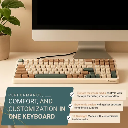 Vista 6 de Qisan Teclado mecánico inalámbricocon cable, triple modo 2.4GUSB-CBT teclado inalámbrico para juegos, 100 teclas (98%) diseño de EE. UU.