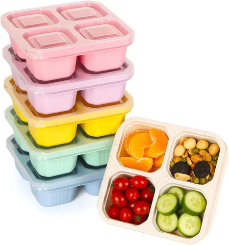 Vista 9 de Paquete de 4 Cajas Bento, 4 Compartimentos Contenedores de Snacks para Almuerzo con Tapas para Preparación de Comidas, Escuela, Viaje, Contenedores