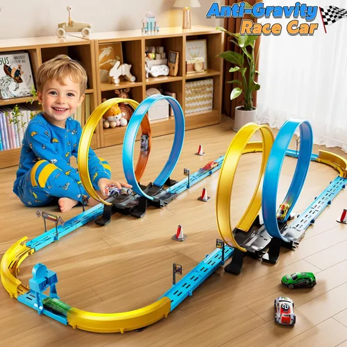 Vista 5 de Conjunto de Pista de Carreras de Coches LILYBUDS para Niños, Niños de 3-5 4-7 años, Pistas de Carreras con 4 Zonas de Choque y Coches de Ranura