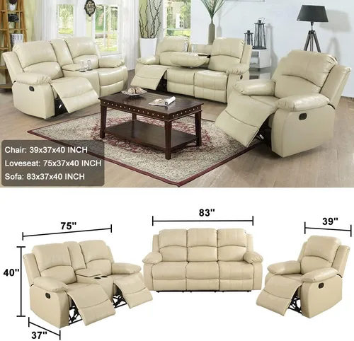 Vista 6 de Juego de muebles de sala de estar, juego de sofá reclinable de cuero, sofá reclinable y sofá biplaza, juego de sofá de cuero beige, juego de muebles