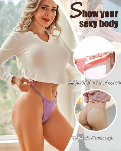 Vista 2 de FINETOO Tangas ajustables para mujer, ropa interior de algodón de baja altura con espalda en T, tangas sexy con ribete de encaje, transpirable