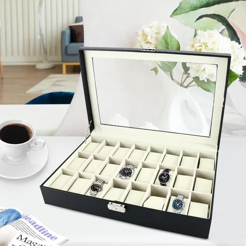 Vista 6 de DasMarine Estuche de 24 ranuras para reloj, funda de piel sintética para hombres y mujeres, organizador de reloj, parte superior acrílica, caja