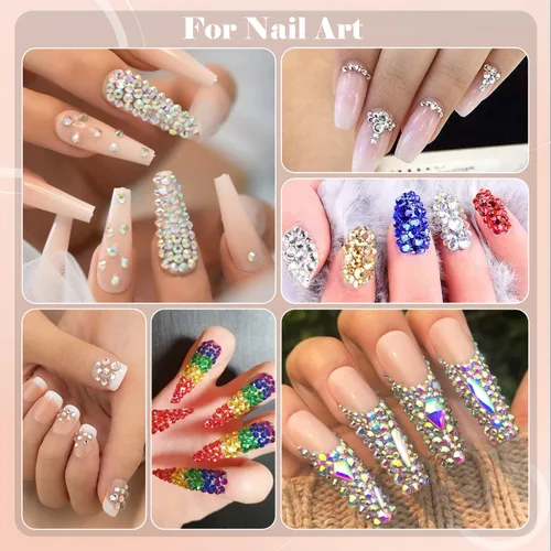 Vista 6 de Kit de pedrería para uñas BELLEBOOST, 15ml de pegamento de gel con strass + gemas coloridas + cristales de vidrio flatback AB y gemas transparentes