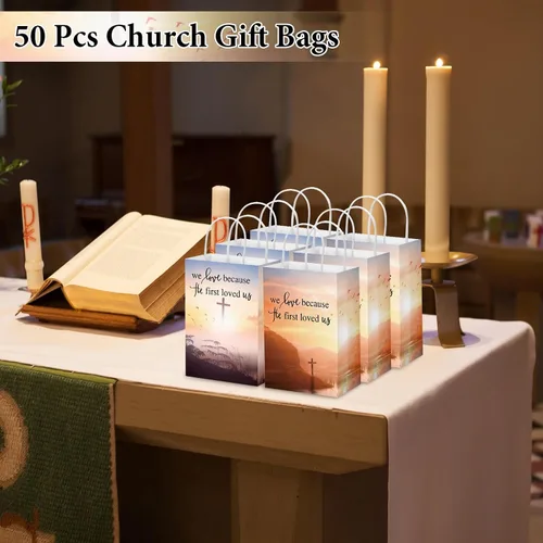 Vista 6 de Zhanmai - 50 bolsas de regalo cristianas a granel, cruz, religioso, versículo bíblico, bolsas de papel inspiradoras con asas para Vbs, fiesta