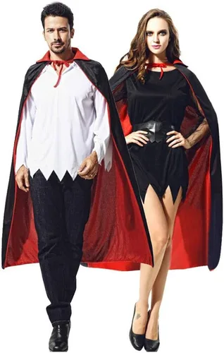 Vista 5 de Capa de vampiro de Halloween, capa reversible de 55 pulgadas con dientes y orejas de vampiro, disfraz de mago de doble capa para mujeres y hombres