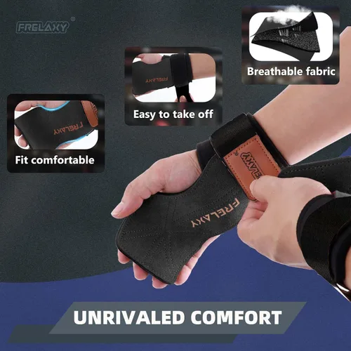Vista 5 de Frelaxy Correas de muñeca de levantamiento de pesas para mujeres y hombres, agarres de levantamiento de pesas con bucle de muñeca, cuero de doble