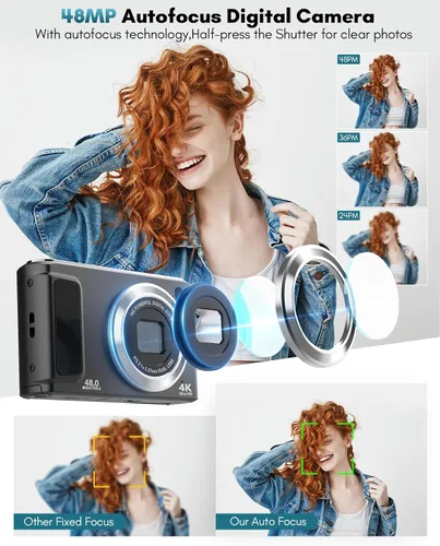 Vista 2 de Cámara digital 4K, cámaras de enfoque automático de 48 MP para fotografía, cámara compacta de vlogging con cámara frontal y trasera, cámaras de Negro