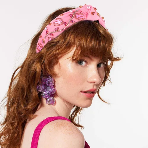 Vista 3 de boderier Diademas de concientización sobre el cáncer de mama para mujer, diadema anudada de cristal, diadema de corazón rosa con cinta de amor