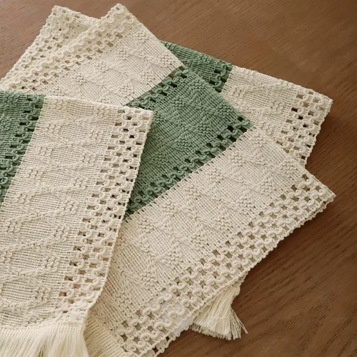 Vista 7 de Juego de 4 manteles individuales verdes de macramé para decoración de mesa con flecos, manteles individuales tejidos de arpillera natural para mesa
