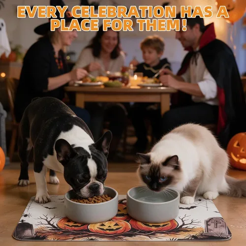 Vista 2 de KOOLTAIL Tapete de comida para perros de Halloween, tapete absorbente para alimentación de mascotas para cuencos de comida y agua, almohadilla