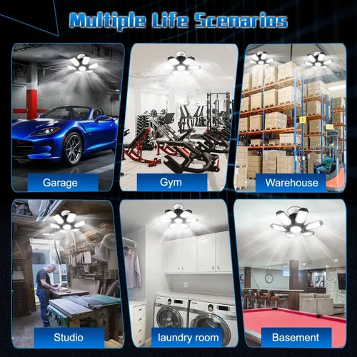 Vista 7 de Luz de Garaje – Bombilla de garaje súper brillante de 15000LM, equivalente a 150 W, rosca E26 con 6 paneles deformables, 6500K, luces LED de taller