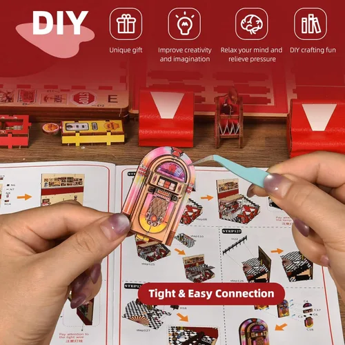 Vista 8 de fifijoy Kit de Rincón de Libros - Kit de Casa en Miniatura DIY para Adultos, Kit de Construcción de Casa Pequeña Cafetería Retro de los años 50