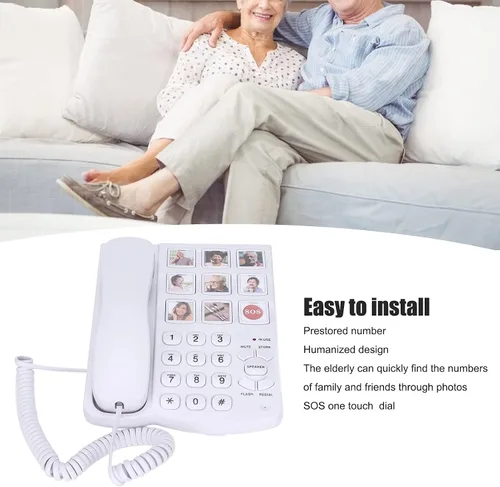 Vista 3 de Teléfono fotográfico para personas mayores, teléfono fijo grande, teléfono con memoria fotográfica con cable SOS, para personas mayores, Alzheimer