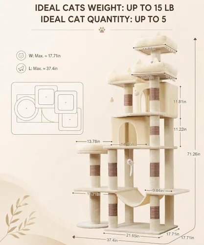 Vista 4 de PMT03BW - Árbol para gatos de interior, torre grande de 71 pulgadas con poste rascador y percha superior, hamaca, condominio para gatos adultos