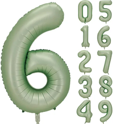 Vista 13 de Globos de números verde salvia para decoración de fiesta de cumpleaños de 40 pulgadas, globo grande del número 0