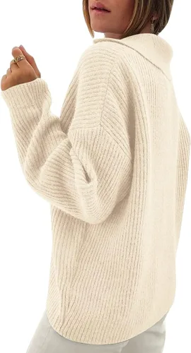 Vista 5 de LILLUSORY Suéteres de cuello en V para mujer 2022 con botones a presión, suéter de punto con cuello plegable, tops Henley