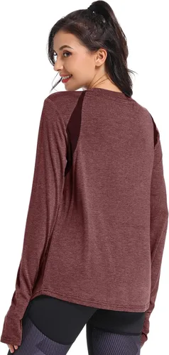 Vista 2 de Muzniuer Camisetas de entrenamiento de manga larga para mujer, camisetas lisas de manga larga para yoga, gimnasio, deportes, con agujero