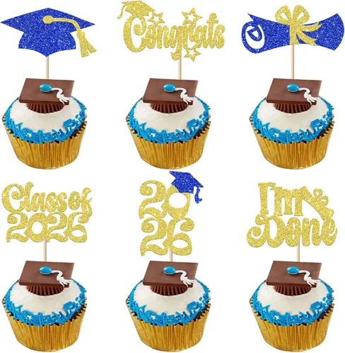Vista 8 de Paquete de 24 adornos para cupcakes de graduación 2025 con purpurina I Am Done Diploma Felicidades Graduado Cap Cupcake Picks Class Of 2025